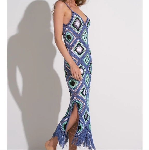 New Elan Aleki Diamond Crochet Blue Multicolor Maxi Dress/Swim Cover-Up Large - Picture 5 of 13